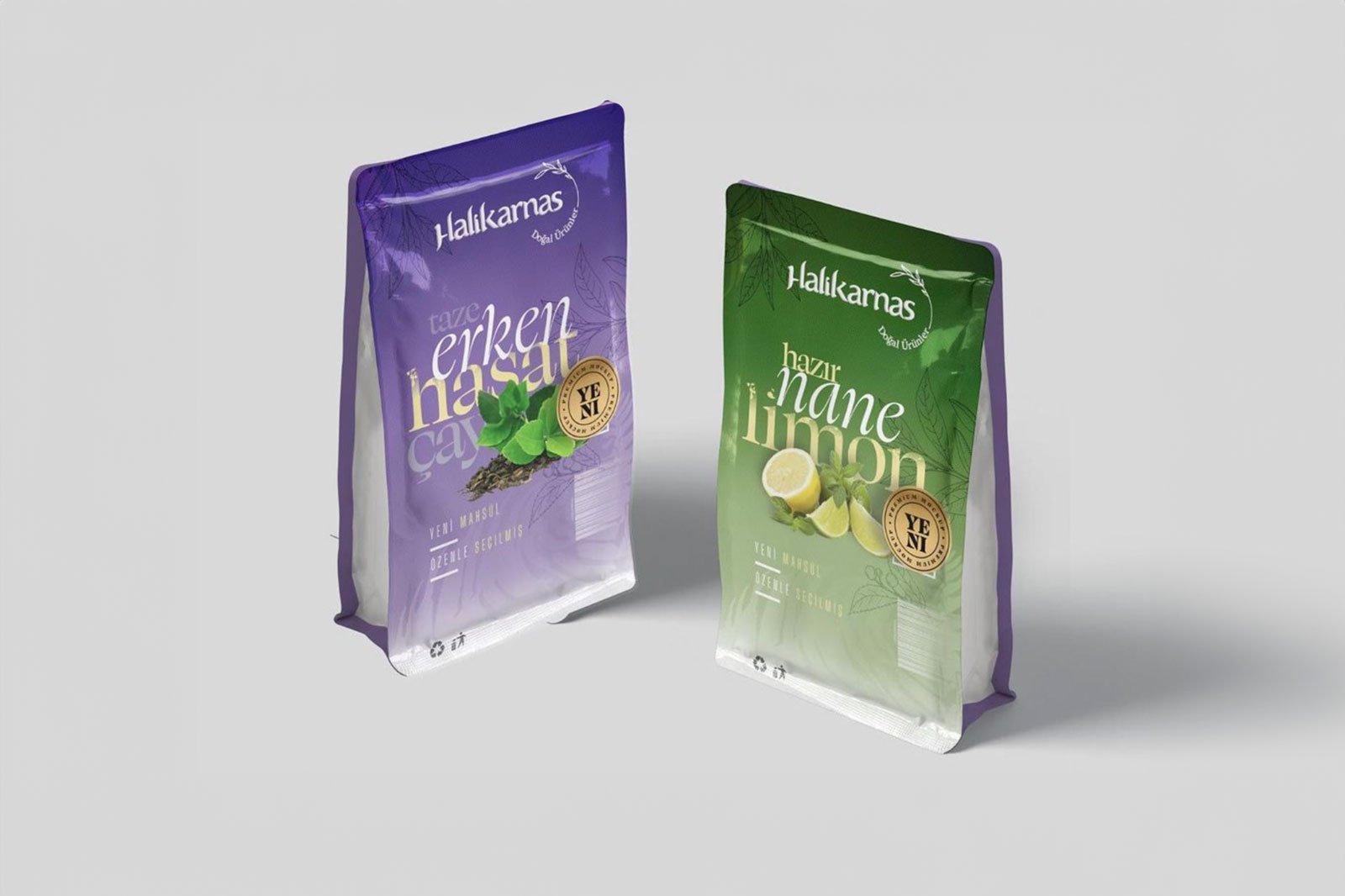 Halikarnas Doğal Ürünler için tasarlanmış mor erken hasat çay ve yeşil nane limon ambalajları