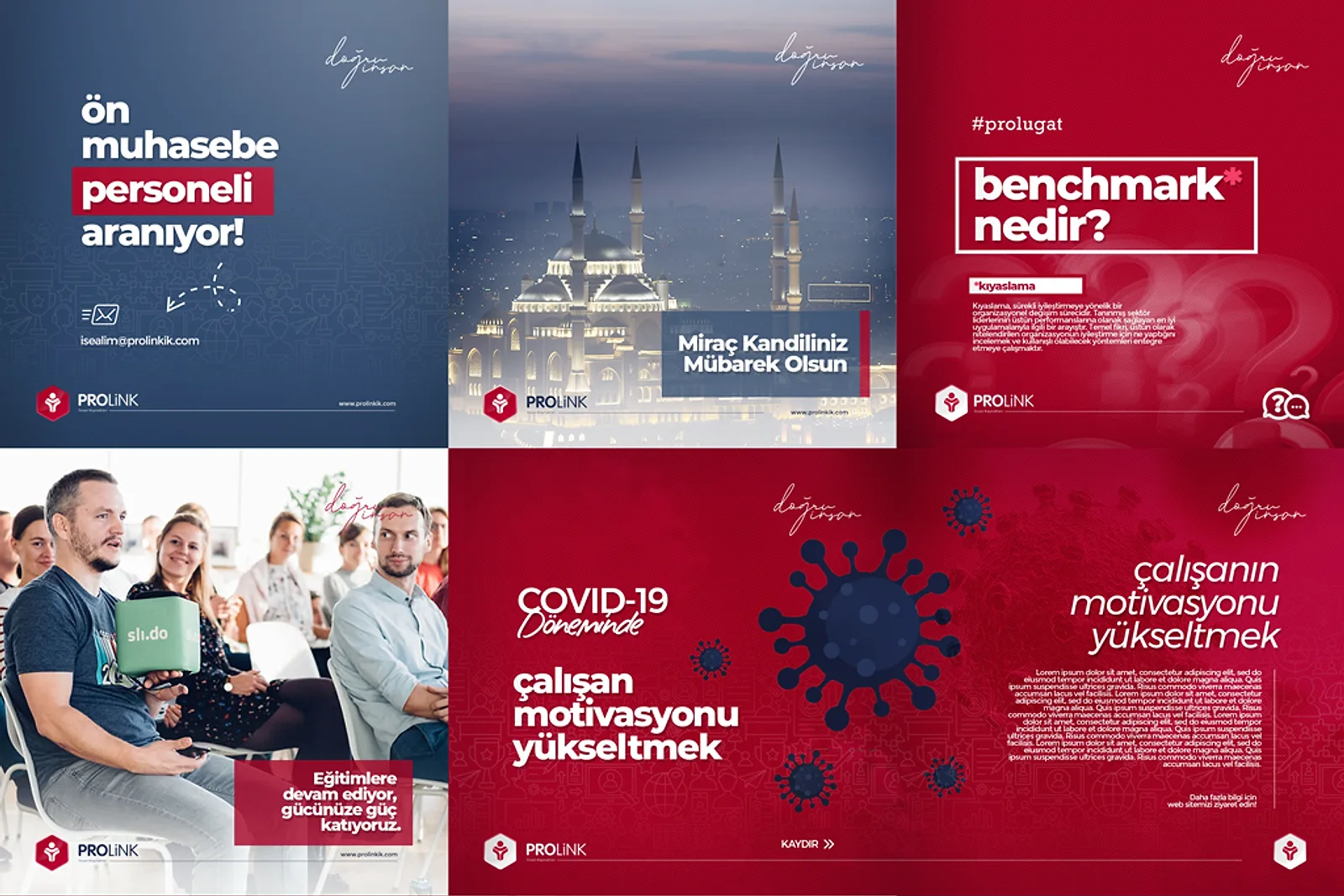 Six posts from the Prolink Instagram feed on red and navy: a job ad, a holiday greeting, ‘what is benchmark?’ and a training post