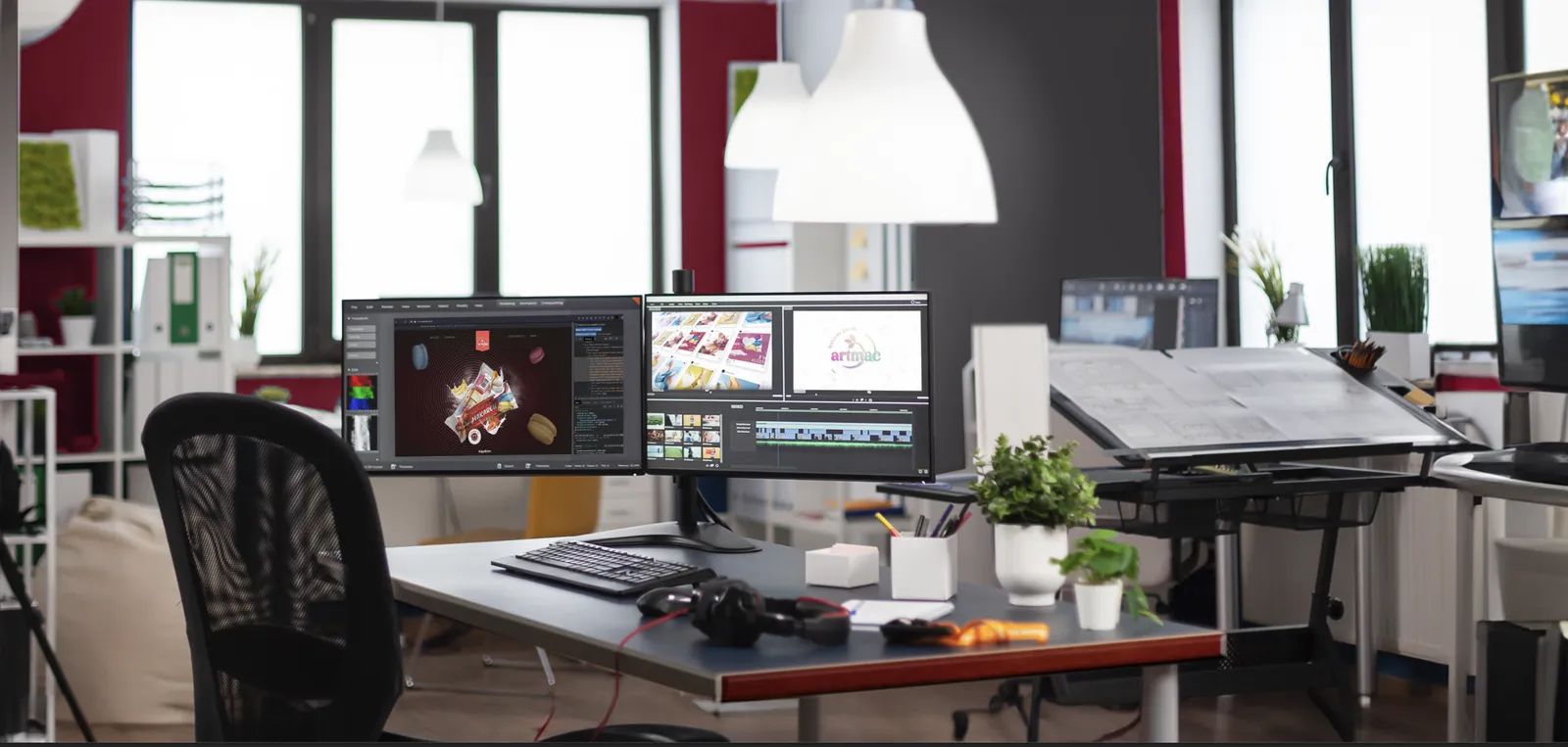 A drafting table and a two-screen desk; on the screens, identity and motion design for Artmac Makaron